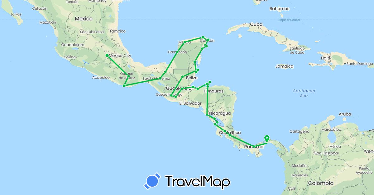 TravelMap itinerary: bus in Belize, Costa Rica, Guatemala, Honduras, Mexico, Nicaragua, Panama (North America)